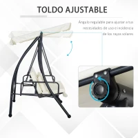 Outsunny Columpio Balancín Jardín de 3 Plazas Convertible en Cama con Techo Ajustable Cojín Acolchado y Almohadas para Balcón Terraza Carga 340 kg Acero 200x125x170 cm Crema(m-5)