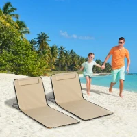 Outsunny Set of 2 Foldable Garden Beach Chair Mat - Lightweight Outdoor Sun Lounger Seats with Adjustable Back, Metal Frame, PE Fabric, Head Pillow, and Carry Bag, Beige(m-10)