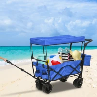 DURHAND Folding Trolley Cart Storage Wagon Beach Trailer 4 Wheels with Handle Overhead Canopy Cart Push Pull For Shopping Camping Garden - Blue(m-9)