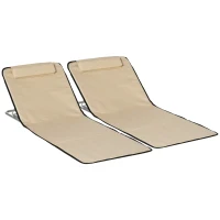 Outsunny Set of 2 Foldable Garden Beach Chair Mat - Lightweight Outdoor Sun Lounger Seats with Adjustable Back, Metal Frame, PE Fabric, Head Pillow, and Carry Bag, Beige(m-1)