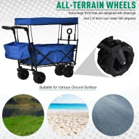 DURHAND Folding Trolley Cart Storage Wagon Beach Trailer 4 Wheels with Handle Overhead Canopy Cart Push Pull For Shopping Camping Garden - Blue(m-5)