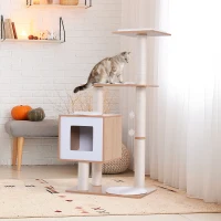 PawHut Árvore Arranhadora para Gatos de Madeira 71,5x49,5x120cm Torre para Gatos com Caverna Plataformas Postes Arranhadores de Sisal Almofadas de Pelúcia Suave e Bolas Suspensas Natural(m-2)