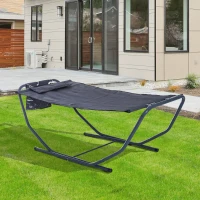 Outsunny Free Standing Texteline Hammock Bed Patio Garden Sun Lounger with Stand & Pillow - Grey(m-10)