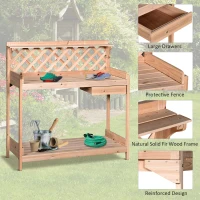 Outsunny Fir Wood Outdoor Garden Table w/ Drawer Potting Bench with Bottom Shelf Hooks Trellis for Garage Greenhouse(m-4)