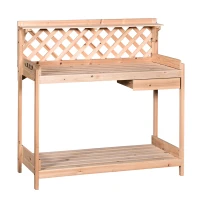 Outsunny Fir Wood Outdoor Garden Table w/ Drawer Potting Bench with Bottom Shelf Hooks Trellis for Garage Greenhouse(m-1)
