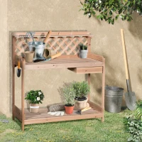 Outsunny Fir Wood Outdoor Garden Table w/ Drawer Potting Bench with Bottom Shelf Hooks Trellis for Garage Greenhouse(m-2)