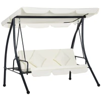 Outsunny Columpio Balancín Jardín de 3 Plazas Convertible en Cama con Techo Ajustable Cojín Acolchado y Almohadas para Balcón Terraza Carga 340 kg Acero 200x125x170 cm Crema(m-1)