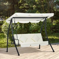 Outsunny Columpio Balancín Jardín de 3 Plazas Convertible en Cama con Techo Ajustable Cojín Acolchado y Almohadas para Balcón Terraza Carga 340 kg Acero 200x125x170 cm Crema(m-2)