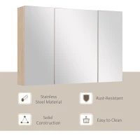 Kleankin Dulap Baie Perete – Stejar, 3 Usi cu Oglinda, 90×60 cm(m-6)