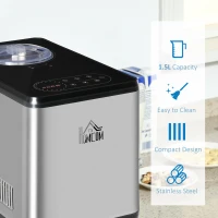 HOMCOM Ice Cream Maker Machine, 1.5L Stainless Steel Gelato, Sorbet, Milkshake, Frozen Yoghurt Maker with Detachable Mixing Paddle, Make Ice Cream in 40 Minutes(m-7)