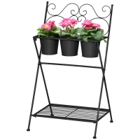 Suport pentru plante din Metal Pliabil Outsunny cu 3 Ghivece, Raft pentru Plante cu Etajera pentru Casa si Gradina, 47x37x78,5 cm, Negru(m-11)
