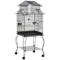 PawHut Colivie pentru Pasari pentru Interior din Otel si Lemn cu Tava Detasabila. 4 Roti, Recipient pentru Aliemnte, 51,5x50x140cm, Neagra(m-1)