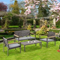 Salon de Gradina Outsunny Set 4 Piese cu 1 Canapea, 2 Fotolii si 1 Masuta, Mobilier de Gradina din Otel si Plastic, Maro(m-2)