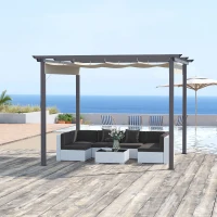 Outsunny Foișor de Grădină cu Copertină Retractabilă, Pergolă de Exterior cu Structură din Aluminiu, 2.95x2.95x2.16 m, Alb Crem(m-10)