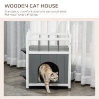 PawHut Casuta de Exterior pentru Pisici cu 2 Intrari, 2 Trepte si 1 Balcon, Canisa pentru Pisici din Lemn de Brad, 60x46x65 cm, Gri(m-6)
