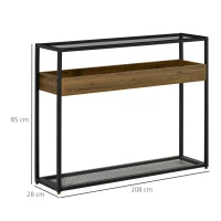 HOMCOM Masa Consola pentru Intrare in Stil Industrial, Blat din Sticla, Cadru  din Otel si Lemn, Masuta pentru Living si Sufragerie, Maro Rustic(m-3)