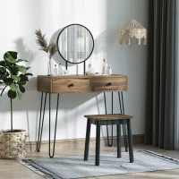 HOMCOM Masa de Machiaj in Stil Industrial, Set Masa de Toaleta cu Taburet si Oglinda de Machiaj, Postatie de Machiaj din Lemn si Metal pentru cameră(m-9)