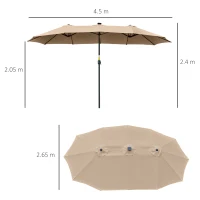 Outsunny Umbrela de soare de Gradina 4,5 m cu 48 de Lumini LED cu Energie Solara, Umbrala de Soare Dublă cu Manivela, Kaki(m-3)