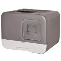 PawHut Litiera Acoperita pentru Pisici cu Capac cu 2 Intrari, Lopatica si Tava Detasabila, din Plastic PP, Gri Inchis(m-11)