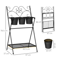 Suport pentru plante din Metal Pliabil Outsunny cu 3 Ghivece, Raft pentru Plante cu Etajera pentru Casa si Gradina, 47x37x78,5 cm, Negru(m-3)