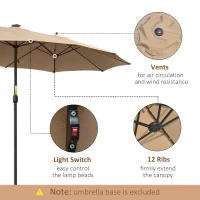 Outsunny Umbrela de soare de Gradina 4,5 m cu 48 de Lumini LED cu Energie Solara, Umbrala de Soare Dublă cu Manivela, Kaki(m-5)