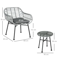 Outsunny Set Mobilier de Gradina din Ratan PE de 3 Piese, Salon in Aer Liber cu 2 Scaune si Masa cu Blat de Sticla pentru Terasa si Bistrò, Gri(m-3)