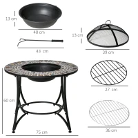 Brazier in aer liber Outsunny 3 in 1 Masuta de Gradina si Gratar pentru Barbecue din Metal si Ceramica, cu Vatrai, 75x75x60cm(m-3)
