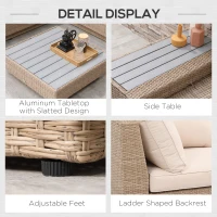 Outsunny Set Living de Gradina din Rattan, 4 Piese, Coltar pentru Exterior cu Perne, Masute Laterale si Masuta de Cafea, Maro Deschis(m-7)