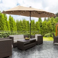Outsunny Umbrela de soare de Gradina 4,5 m cu 48 de Lumini LED cu Energie Solara, Umbrala de Soare Dublă cu Manivela, Kaki(m-2)