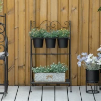 Suport pentru plante din Metal Pliabil Outsunny cu 3 Ghivece, Raft pentru Plante cu Etajera pentru Casa si Gradina, 47x37x78,5 cm, Negru(m-10)