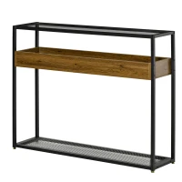 HOMCOM Masa Consola pentru Intrare in Stil Industrial, Blat din Sticla, Cadru  din Otel si Lemn, Masuta pentru Living si Sufragerie, Maro Rustic(m-6)