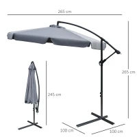 Outsunny Umbrela de Soare pentru Gradina cu Brat  Parasolar din Metal, Baldachin din Poliester Reglabil si Deschidere cu Manivela, Φ265x265cm, Gri(m-3)