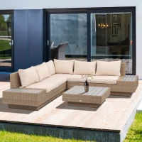 Outsunny Set Living de Gradina din Rattan, 4 Piese, Coltar pentru Exterior cu Perne, Masute Laterale si Masuta de Cafea, Maro Deschis(m-10)