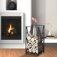 HOMCOM Suport pentru Lemne din Oțel, Suport pentru Lemne pentru Șemineu cu Vatrai, Perie și Clește, 46x30x76 cm, Negru(m-2)