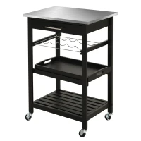 HOMCOM Pine 3-Tier Kitchen Cart Multifunction Rolling with Open Shelves Kitchen Island with Stainless Steel Top(m-1)