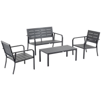 Set Mobilier de Gradina din 4 piese Outsunny, Cadru Negru și Lamele din Plastic Gri Inchis cu Efect de Lemn, Cafea