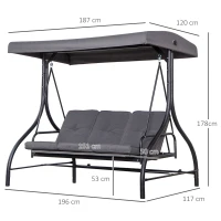 Outsunny Balansoar de Gradina 3 Locuri, Balansoar Pat pentru Exterior cu Baldachin Reglabil, din Otel si Poliester 200x125x170cm Gri(m-3)