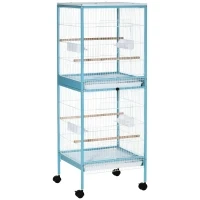PawHut Colivie pentru Pasari 2 in 1 Voliera pentru Interior cu 4 Roti Pivotante, Tavi Detasabile si Recipiente din plastic, 51,5x50x140cm, Albastra(m-1)
