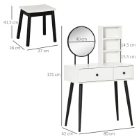 HOMCOM Set Masa Machiaj cu Taburet si Oglinda, Masa de Toaleta cu 2 Sertare si 3 Rafturi din Lemn, Alb-Negru(m-3)