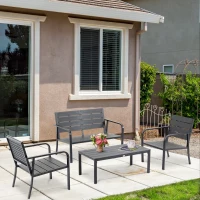 Set Mobilier de Gradina din 4 piese Outsunny, Cadru Negru și Lamele din Plastic Gri Inchis cu Efect de Lemn, Cafea(m-9)