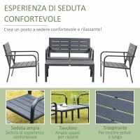 Set Mobilier de Gradina din 4 piese Outsunny, Cadru Negru și Lamele din Plastic Gri Inchis cu Efect de Lemn, Cafea(m-5)