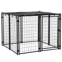 Tarc pentru Caini PawHut din Otel Pliabil cu Acoperis, Tarc pentru Animale cu 8 Panouri cu Usa Blocabila, 141x141x113cm, Negru(m-1)