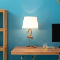 Lampa stołowa HOMCOM z podstawą sznurkową żarówka LED E27 lampa na stół lampka nocna tkanina terylenowa metal sznurek kolor beżowy + brązowy Ø32 x 63 cm(m-10)