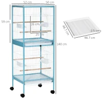 PawHut Colivie pentru Pasari 2 in 1 Voliera pentru Interior cu 4 Roti Pivotante, Tavi Detasabile si Recipiente din plastic, 51,5x50x140cm, Albastra(m-3)