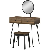 HOMCOM Masa de Machiaj in Stil Industrial, Set Masa de Toaleta cu Taburet si Oglinda de Machiaj, Postatie de Machiaj din Lemn si Metal pentru cameră(m-10)