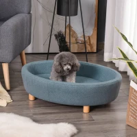 PawHut Dog Sofa Oval Shape Pet Bed, Cat Chair Couch with Sponge Padded Cushion, Washable Cover, Wooden Legs for Small and Medium Dogs - Light Blue(m-2)