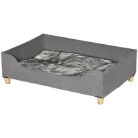 Culcus pentru Caini Inaltat PawHut cu Perna Lavabila, Patut pentru Caini Capitonat din Lemn si Plus, 81Lx56x23,5cm, Gri(m-4)