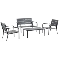 Set Mobilier de Gradina din 4 piese Outsunny, Cadru Negru și Lamele din Plastic Gri Inchis cu Efect de Lemn, Cafea(m-10)