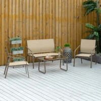 Set Mobilier de Gradina din 4 piese Outsunny, Salon in aer liber cu 2 Scaune, 1 Canapea si 1 Masuta de Cafea din Metal si Texteline, Kaki(m-10)