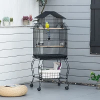 PawHut Colivie pentru Pasari pentru Interior din Otel si Lemn cu Tava Detasabila. 4 Roti, Recipient pentru Aliemnte, 51,5x50x140cm, Neagra(m-10)